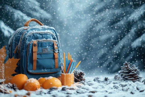 frame of colorful school supplies on winter and snow board background, top view.