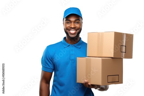 Delivery man posting box cardboard portrait.