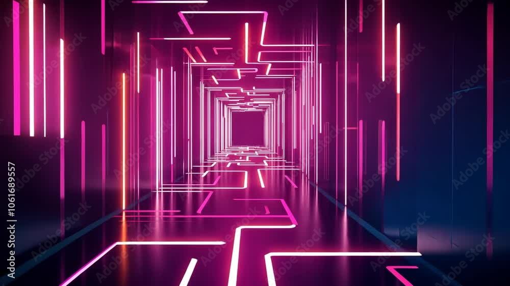 A dark hallway illuminated with pink and white neon lights creates a futuristic and abstract atmosphere A dark hallway illuminated with pink and white neon lights creates a futuristic and abstract atmosphere