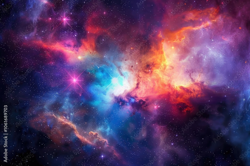 A vibrant nebula with swirling colors and scattered stars in the night sky. A vibrant nebula with swirling colors and scattered stars in the night sky.