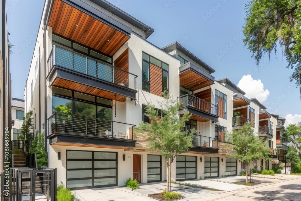 The row of just finished new townhouses, the Concept of buying a house vs renting an apartment. Neural network ai generated art The row of just finished new townhouses, the Concept of buying a house vs renting an apartment. Neural network ai generated art