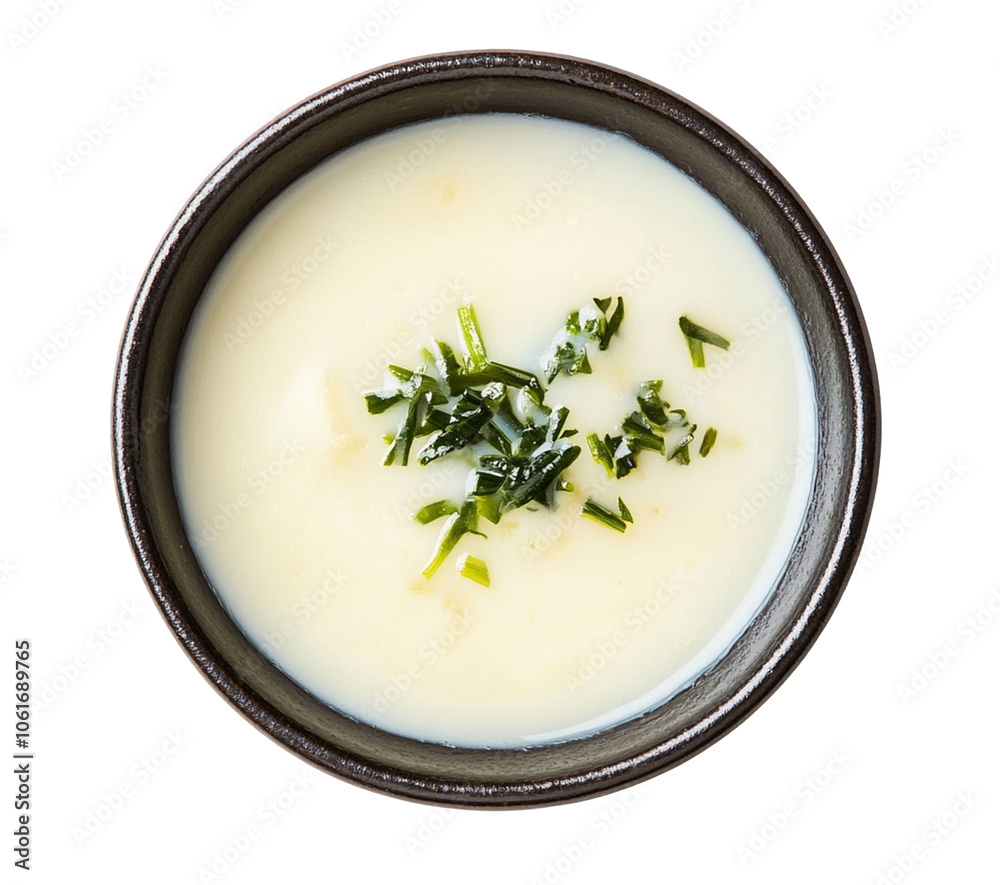 Top view of a bowl of chawanmushi (Japanese steamed egg custard), isolated. Top view of a bowl of chawanmushi (Japanese steamed egg custard), isolated.