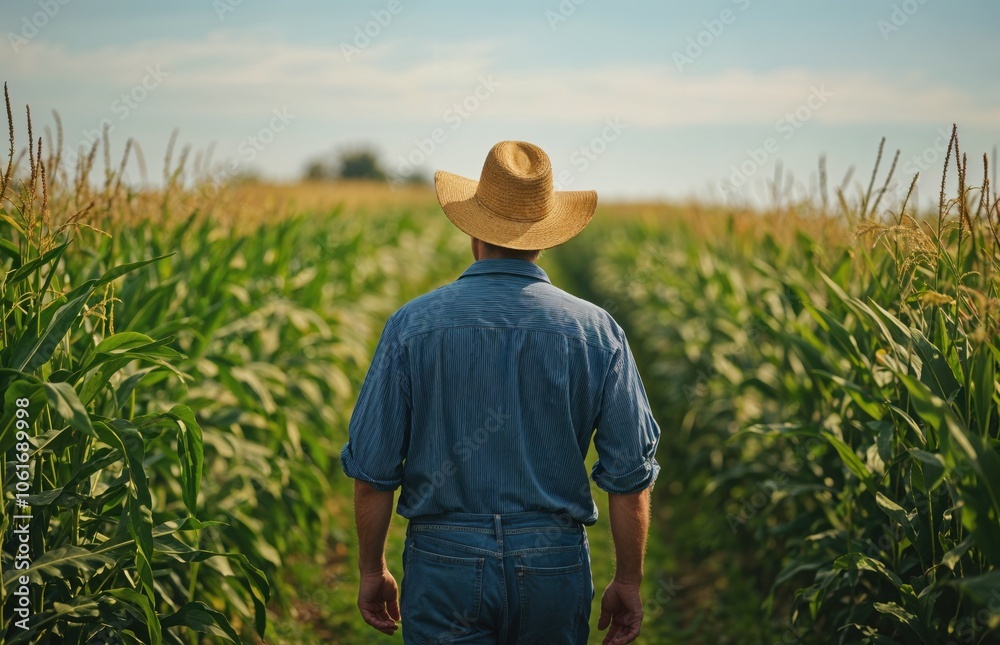 Man farmer in a straw hat walks through a cornfield, surrounded by tall green stalks, under a clear blue sky. Man farmer in a straw hat walks through a cornfield, surrounded by tall green stalks, under a clear blue sky.