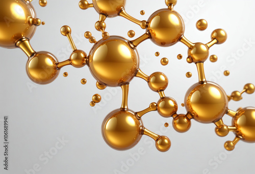 Golden liquid oil transparent molecular background, 3d rendering, on a light background. Excellent background for cosmetic, pharmacological products