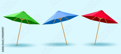 blue,green and red realistic beach umbrella set isolated on light blue background.summer vacation leisure umbrella vector illustration.