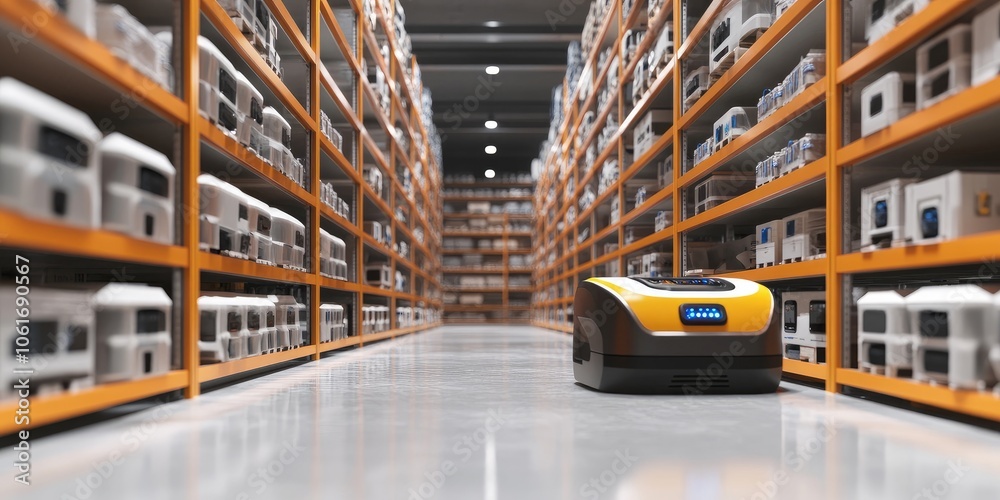 Neatly organized warehouse featuring labeled aisles, robotic pickers, and a clean, efficient environment for optimal productivity. Neatly organized warehouse featuring labeled aisles, robotic pickers, and a clean, efficient environment for optimal productivity.