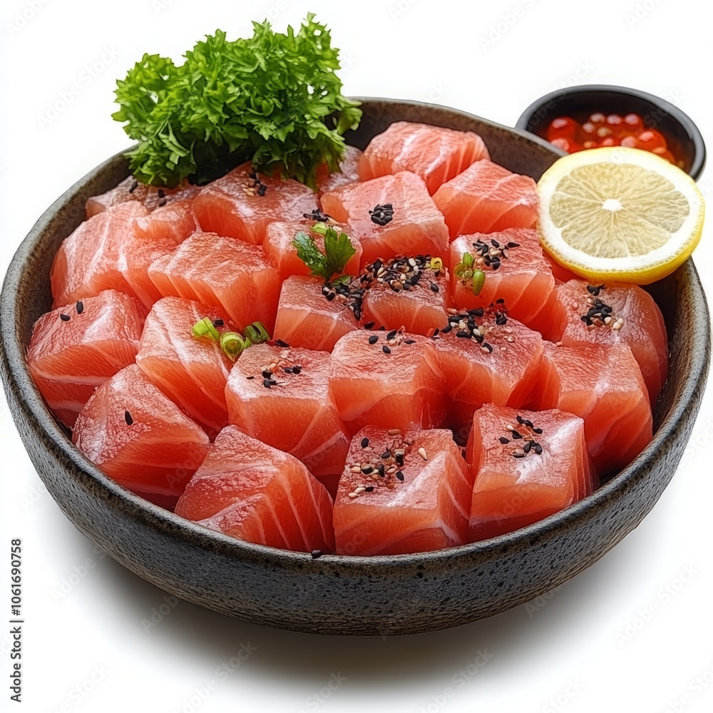 Fresh Tuna Sashimi Isolated on a Clean White Background, Showcasing Raw Tuna Fish in an Elegant Presentation Fresh Tuna Sashimi Isolated on a Clean White Background, Showcasing Raw Tuna Fish in an Elegant Presentation