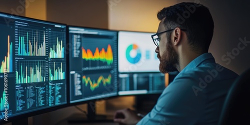 A cybersecurity analyst reviews network activity graphs, identifying potential security threats and ensuring data protection, with no people visible.