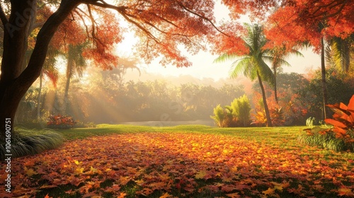 A serene autumn landscape with a field blanketed in colorful fallen leaves, surrounded by lush trees in shades of orange, yellow, and green. Sunlight filters through, casting a warm, golden glow over  photo