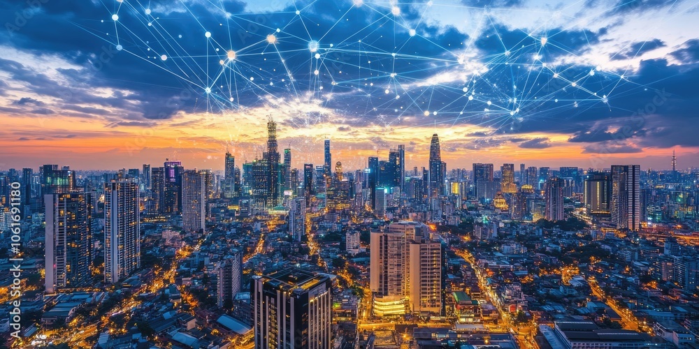 Obraz premium A digital cityscape depicts lines connecting smart devices and internet icons, showcasing the innovative potential of IoT in urban environments.