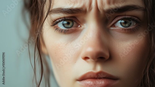 A detailed close up of a womans face showcasing water drops on it