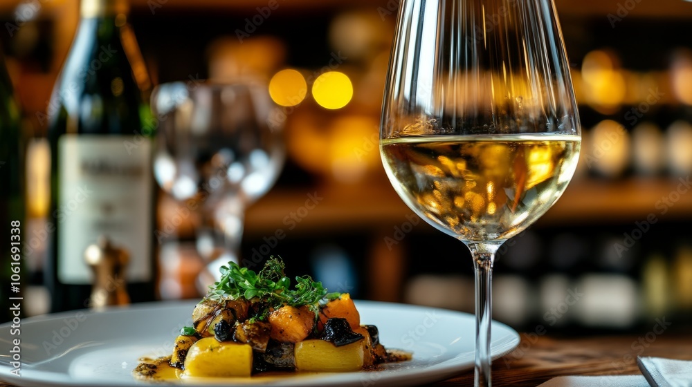 Gourmet meal with white wine in a restaurant setting. Gourmet meal with white wine in a restaurant setting.