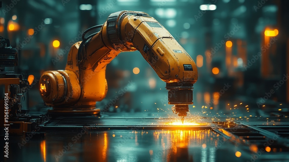 A glowing robotic arm in a dark industrial room welds with precision, the light from the sparks casting sharp contrasts A glowing robotic arm in a dark industrial room welds with precision, the light from the sparks casting sharp contrasts