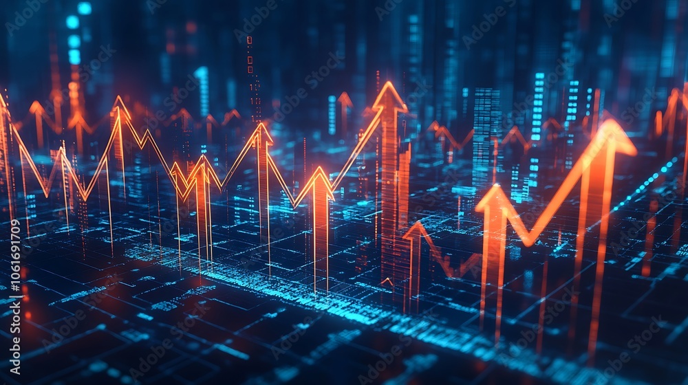 Abstract background with glowing arrows and graph line, Growing business up arrows