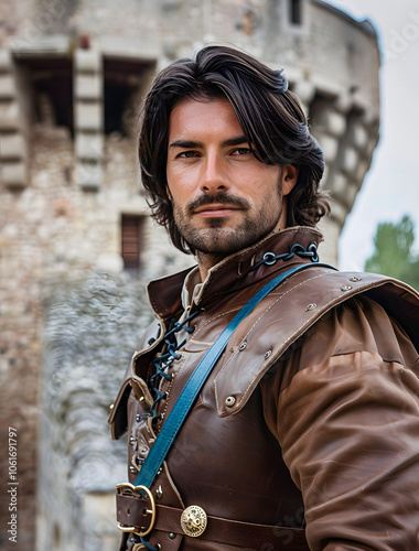 A tall, handsome man with shoulder-length dark hair and a short beard, wearing a leather doublet and a musketeer-style outfit, stands outside a medieval castle, Generative AI photo