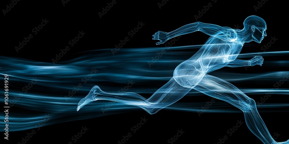 Dynamic illustration of a blue outline running figure in motion with streamlined effects on a black background, showcasing speed and agility. Dynamic illustration of a blue outline running figure in motion with streamlined effects on a black background, showcasing speed and agility.