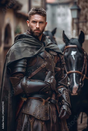 Cinematic movie still of a handsome man in leather armor and cloak, with short dark hair pulled back from the forehead, wearing black gloves and standing next to horses outside an inn, Generative AI