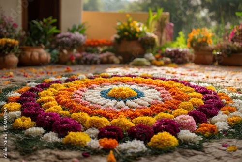 festive floral arrangement, handmade bathukamma, adorned with abundant flowers, surrounded by traditional fabrics and embellishments, with room for messages