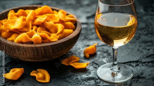 Golden snack chips in a wooden bowl with a glass of white wine photo