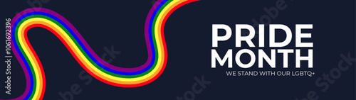 LGBT Pride Month in June. Lesbian Gay Bisexual Transgender. Celebrated annual. LGBT flag. long rainbow pride flag roll made to heart shape on black background. banner, flyer. Vector illustration