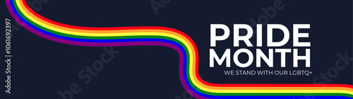 LGBT Pride Month in June. Lesbian Gay Bisexual Transgender. Celebrated annual. LGBT flag. long rainbow pride flag roll made to heart shape on black background. banner, flyer. Vector illustration