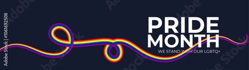LGBT Pride Month in June. Lesbian Gay Bisexual Transgender. Celebrated annual. LGBT flag. long rainbow pride flag roll made to heart shape on black background. banner, flyer. Vector illustration
