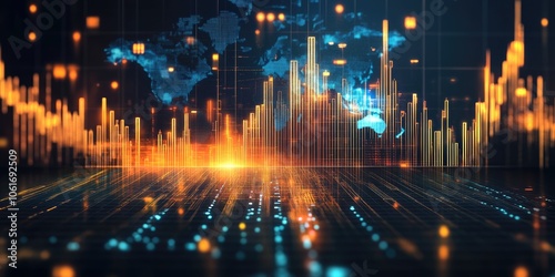 Wallpaper Mural A 3D global economic visualization with dynamic charts, glowing data points, and interconnected trade routes highlighting international trade and financial flows. Torontodigital.ca