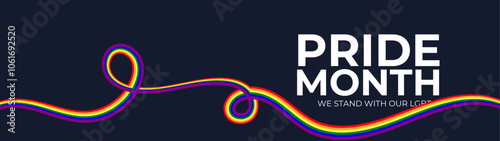 LGBT Pride Month in June. Lesbian Gay Bisexual Transgender. Celebrated annual. LGBT flag. long rainbow pride flag roll made to heart shape on black background. banner, flyer. Vector illustration