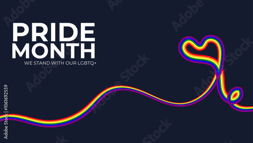 LGBT Pride Month in June. Lesbian Gay Bisexual Transgender. Celebrated annual. LGBT flag. long rainbow pride flag roll made to heart shape on black background. banner, flyer. Vector illustration