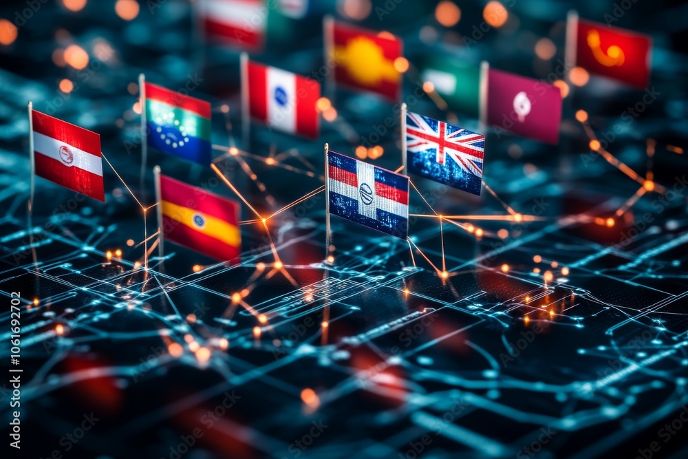 Fototapeta premium Digital Flags of the World, Digital Diplomacy and International Relations