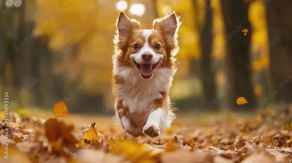 Happy Dog Running Through Autumn Leaves