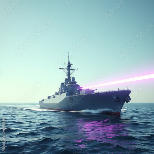 Illustration of a modern battleship using an anti-aicraft laser for self-defense