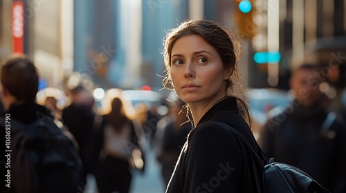 A young woman walks down a city street, looking over her shoulder at the camera.