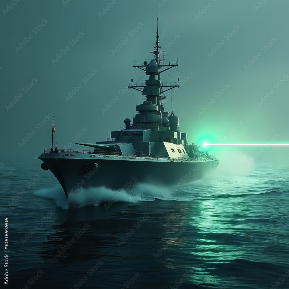 Illustration of a modern battleship using an anti-aicraft laser for self-defense Illustration of a modern battleship using an anti-aicraft laser for self-defense