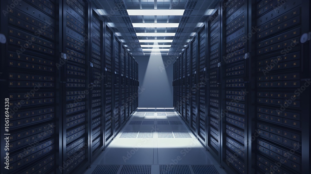 Fototapeta premium Dimly lit server room with light beam symbolizing data transparency