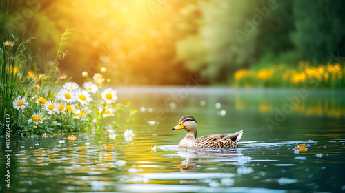 A Serene Scene of a Silver Appleyard Duck Swimming in a Vibrant Pond Surrounded by Nature's Beauty photo