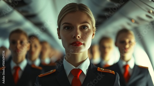 A cabin crew team, including air hostesses and stewards, in a training session, preparing for their duties and responsibilities during flights, symbolizing professional airline training photo