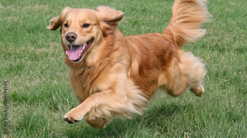 Playful Golden Retriever Running on Green Grass