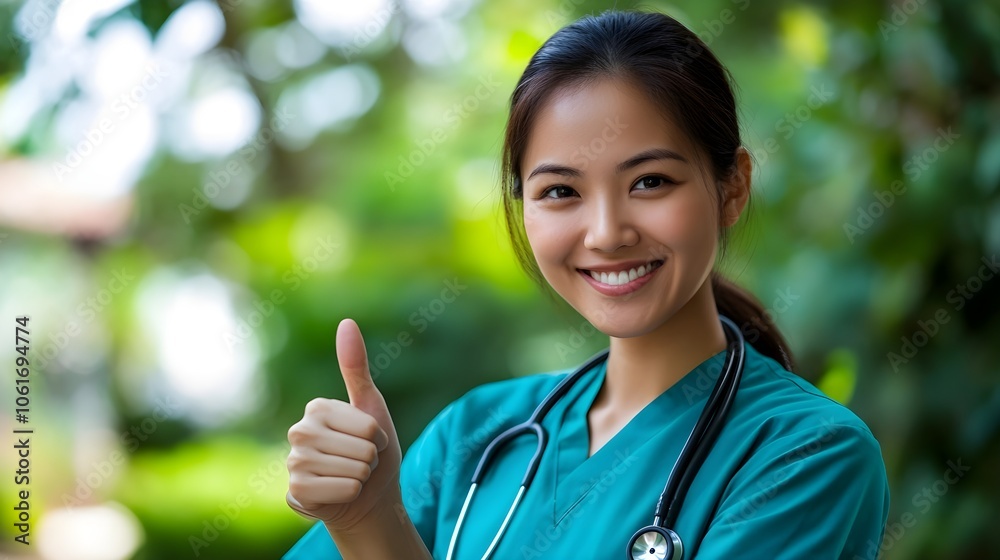 Portrait of beautiful female doctor of Asian ethnicity in uniform with stethoscope, thumb up, smiling and looking at the camera in a clinic, one person who expertise in professional treatment. Portrait of beautiful female doctor of Asian ethnicity in uniform with stethoscope, thumb up, smiling and looking at the camera in a clinic, one person who expertise in professional treatment.