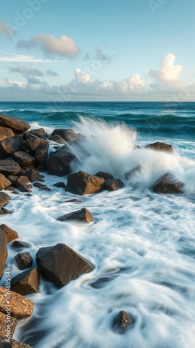 Waves crash against rocks on a clear day, creating a stunning display of whitewater photo