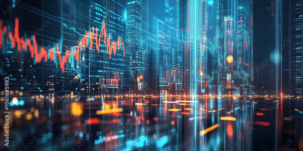 Obraz premium A cutting-edge financial hub with holographic stock charts, glowing digital currency symbols, and neon lights reflecting off glass skyscrapers in a high-tech cityscape.