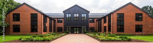 A modern brick building featuring glass accents, surrounded by greenery, showcasing a blend of traditional and contemporary architecture.