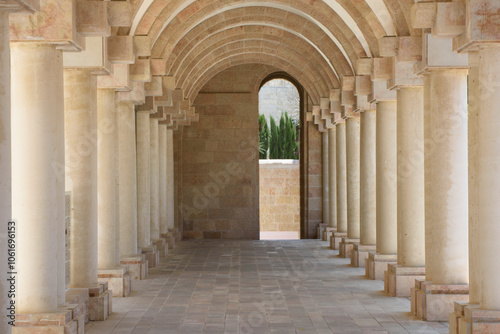 Stone columns and arches of the YMCA complex in Jerusalem, Israel.