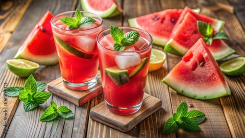 Wallpaper Mural Refreshing watermelon lemonade with ice and mint leaves, perfect for a summer home gathering. Torontodigital.ca
