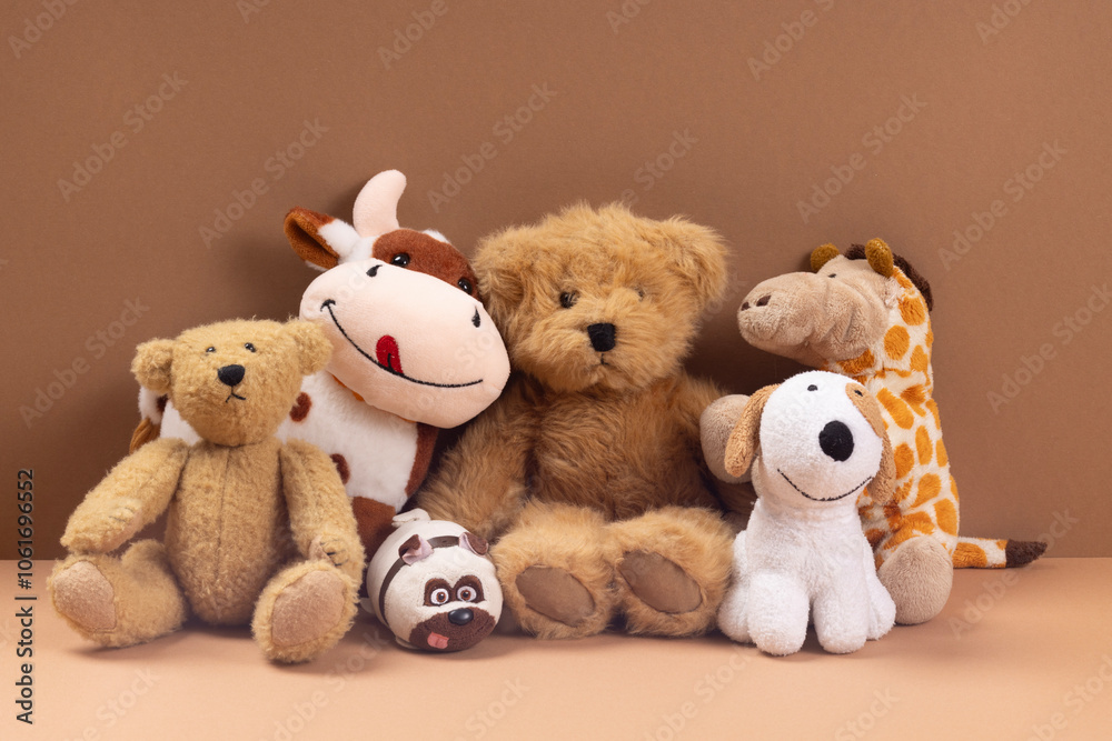 Soft toys on beige background concept of friends Soft toys on beige background concept of friends