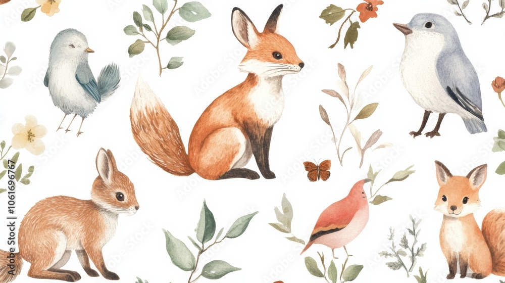 Naklejka premium A collection of animal watercolor graphics with soft, hand-painted illustrations of animals like rabbits, foxes, and birds, perfect for greeting cards and art prints