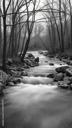 A black and white photograph of a river flowing through a forest, seen from a perspective looking downriver photo