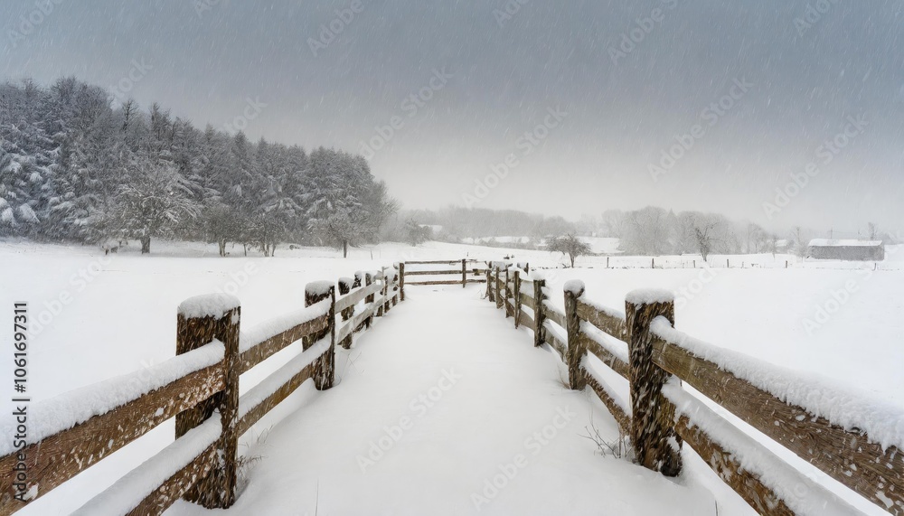 Obraz premium Snowy landscape with a wooden fence and forest covered in snow on a wintry day.