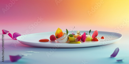 Exquisite Food-Fotografie stilvoll angerichtet länglichen Tellers. Delikate Komposition mit feinen Speisen, kunstvoll arrangiert. Ideale für Gourmet-Restaurants, Food-Magazine,  Gastro-Marketing photo