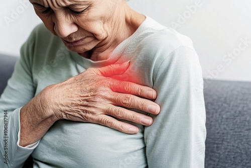 woman touching a red pain in her heart photo